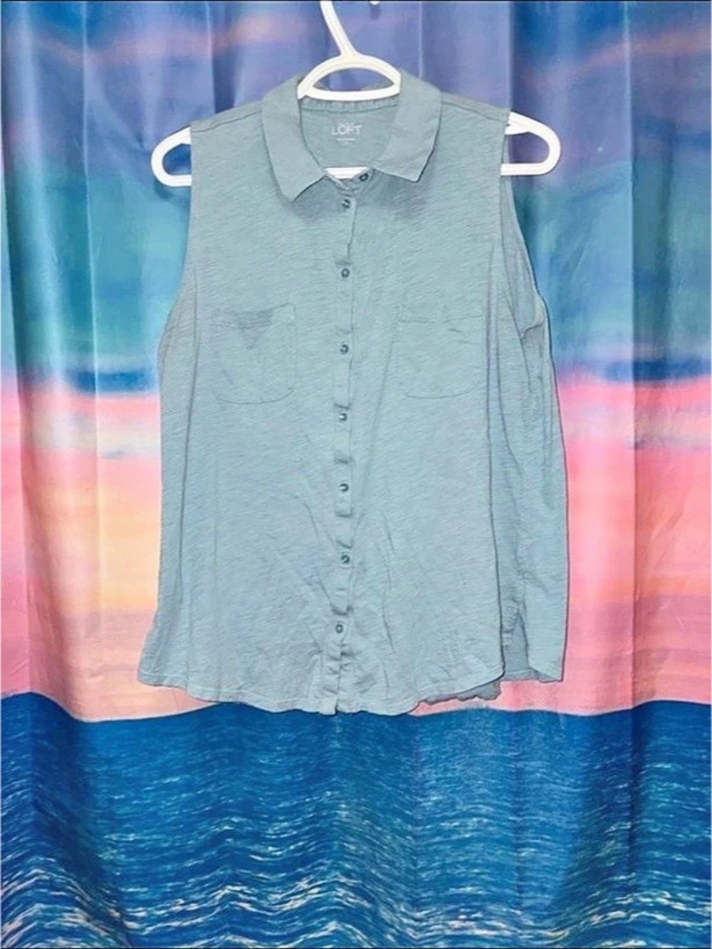 Ann Taylor LOFT Sleeveless Button Front Top in Blue Size Large